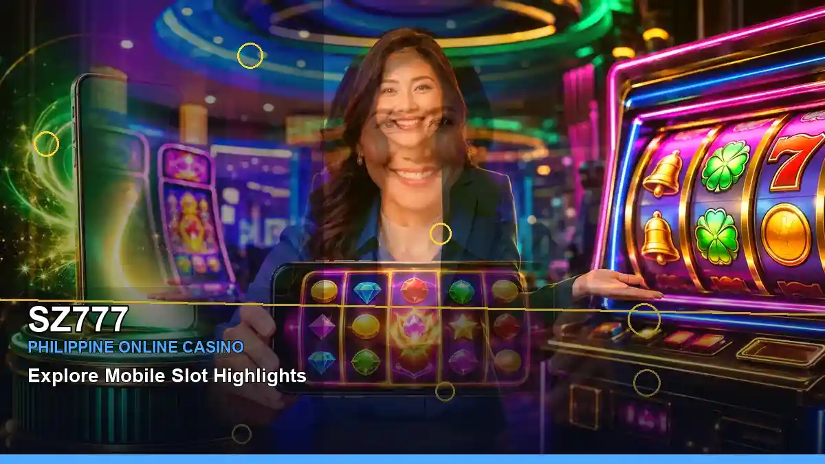 SZ777 lucky reels online slots with an adult Filipina casino host in a right-side close-up composition