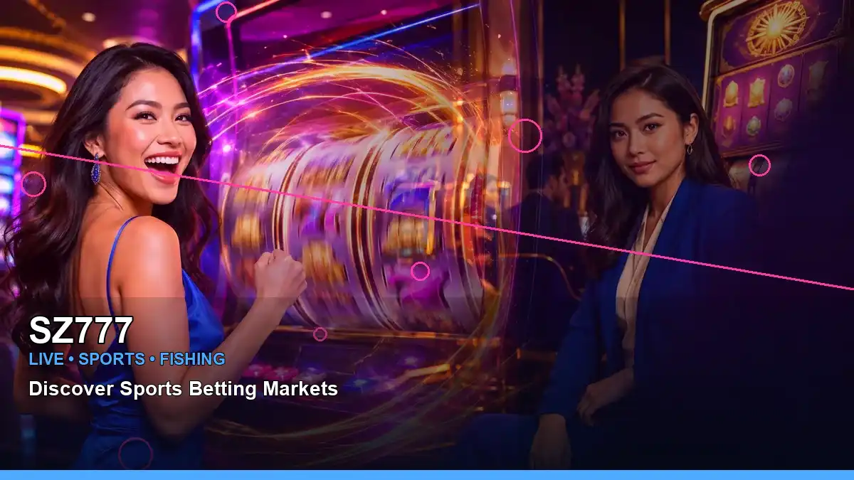 SZ777 neon-themed slot artwork featuring an adult Filipina casino host in a left-focused composition