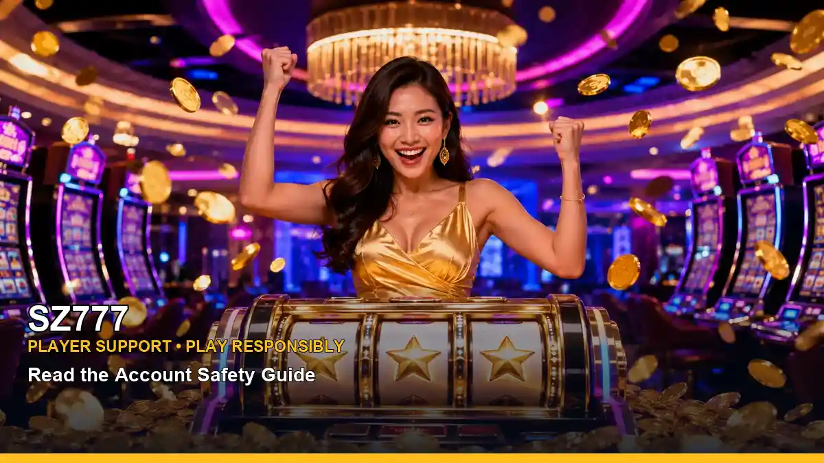 SZ777 member guide scene for Philippine users, featuring celebratory slot gameplay and a mobile-ready player experience